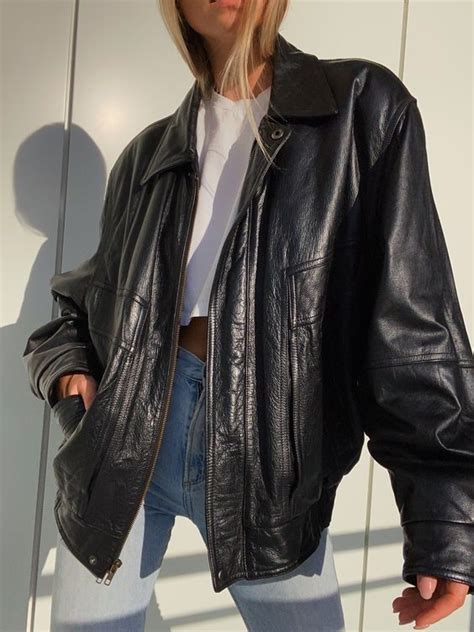 oversized black leather bomber jacket